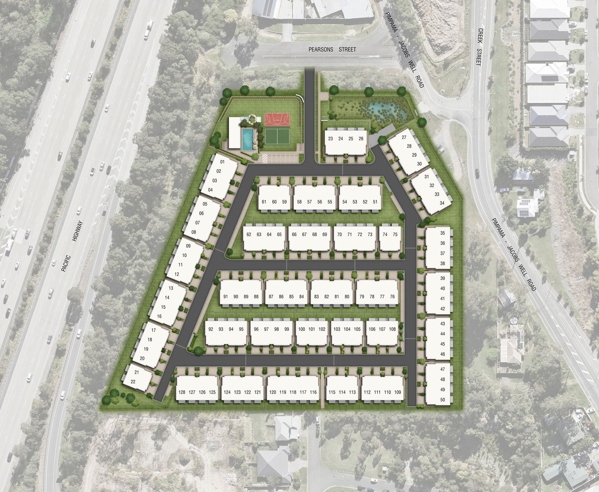 Aerial view of a planned residential development with townhouses, a pool, and recreational areas.