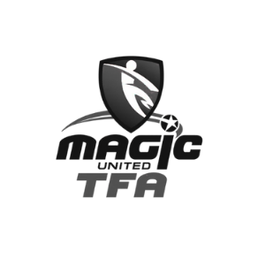 Magic United TFA logo, black and white. Shield with stylized athlete, wordmark 