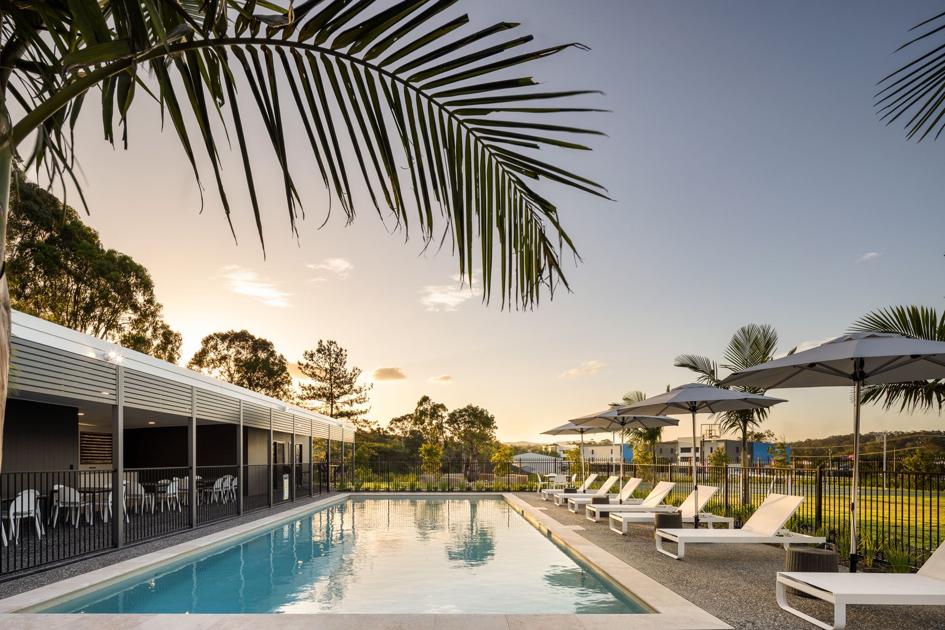 Swimming pool and lounge chairs at a resort at sunset, with palm fronds overhead.
