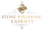 Logo for Stone Polishing Experts: Diamond-shaped element with stone texture, gold text, and decorative flourishes.