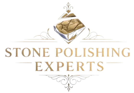 Logo for Stone Polishing Experts: Diamond-shaped element with stone texture, gold text, and decorative flourishes.