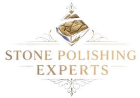 Logo for Stone Polishing Experts: Diamond-shaped element with stone texture, gold text, and decorative flourishes.