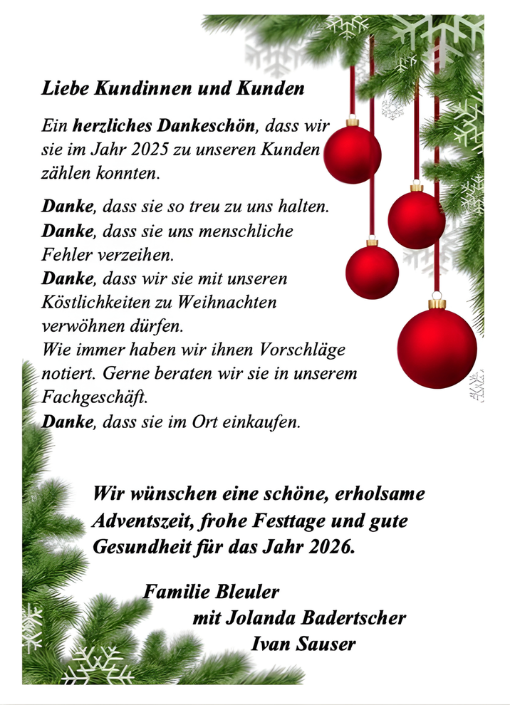 Weihnachtskarte mit roten Ornamenten, grünem Laub und deutschem Text zur Danksagung an die Kunden.