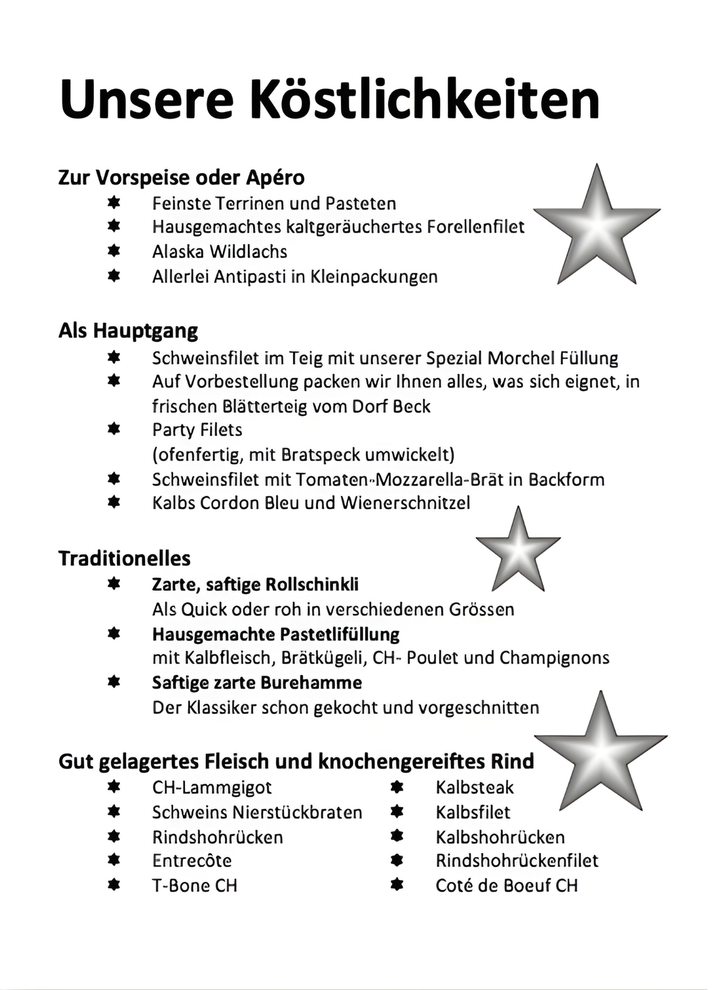 Speisekarte mit Kategorien: Vorspeisen, Hauptgerichte, traditionelle Gerichte und Gerichte mit gereiftem Rindfleisch.