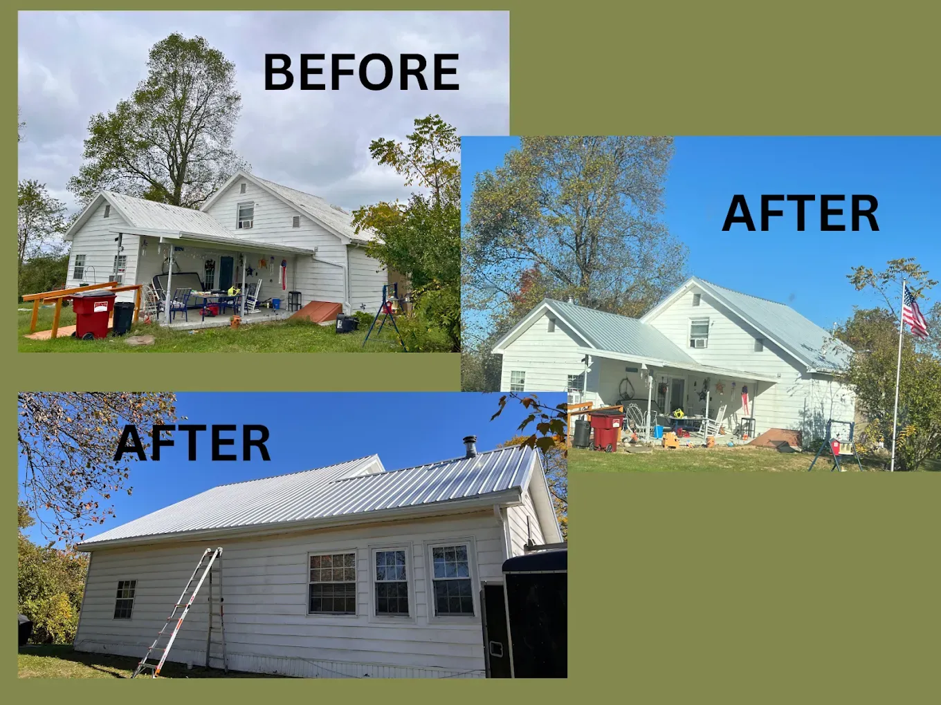 Before and after photos of a white house with a new, silver roof against a blue sky.