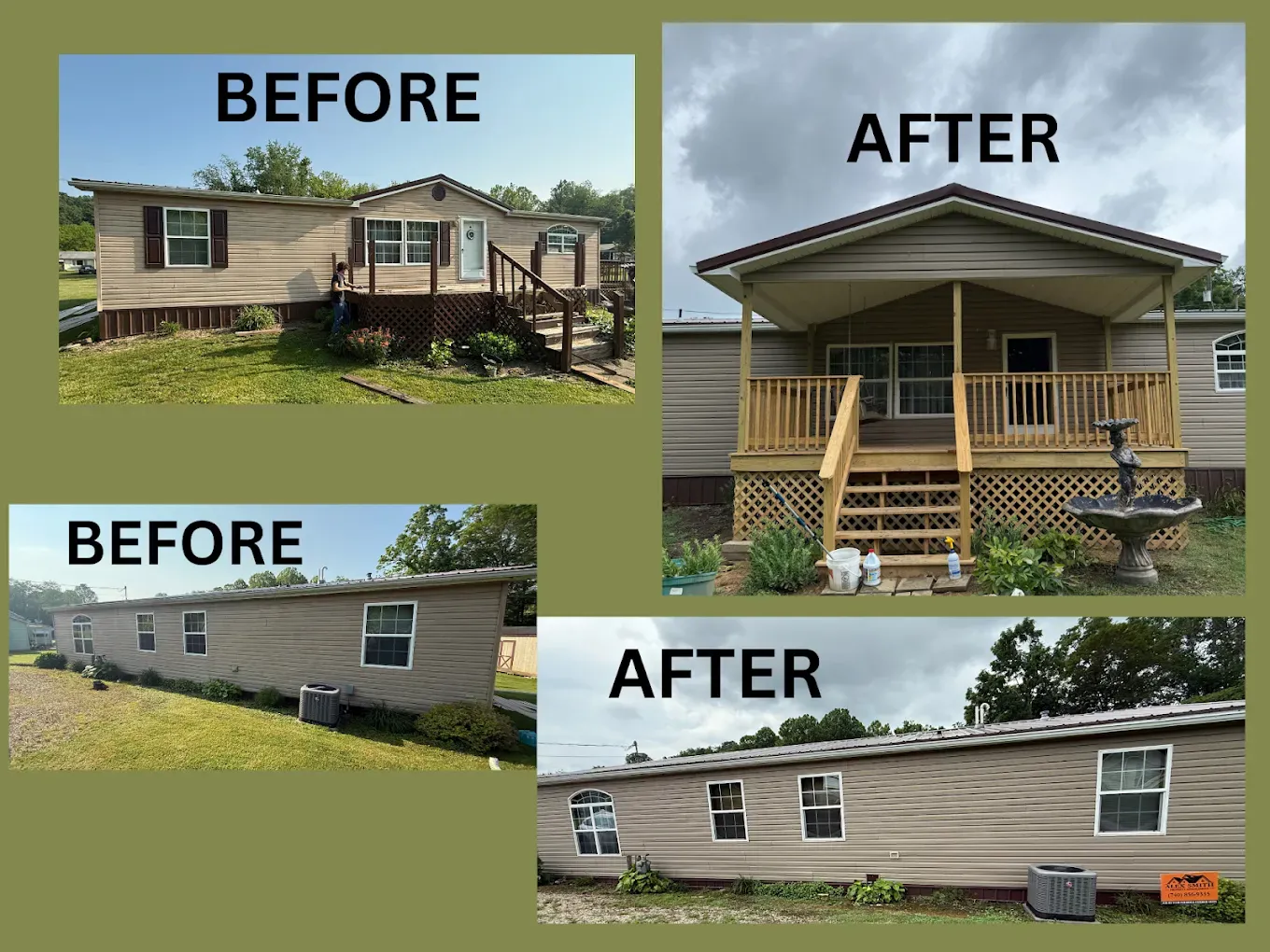 Mobile home exterior renovation before and after. New porch and siding.