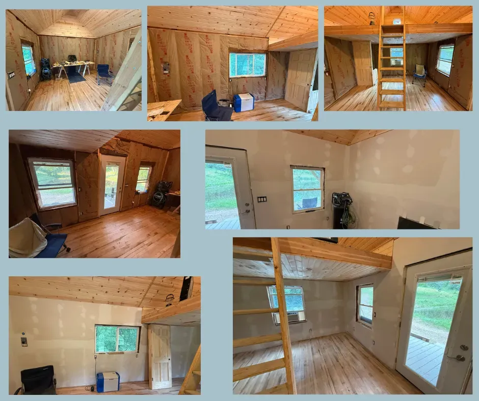 Collage: Interior views of a small cabin with wood floors, a loft, and windows, showing various angles.