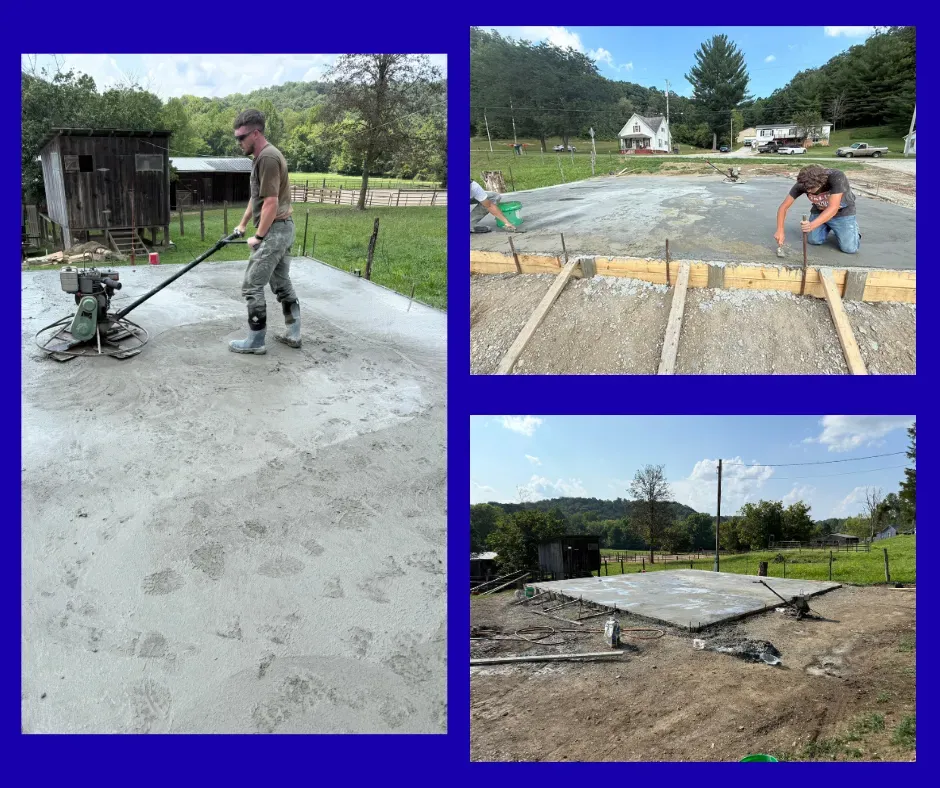 Three photos: Concrete pouring; person smoothing concrete; completed concrete slab.