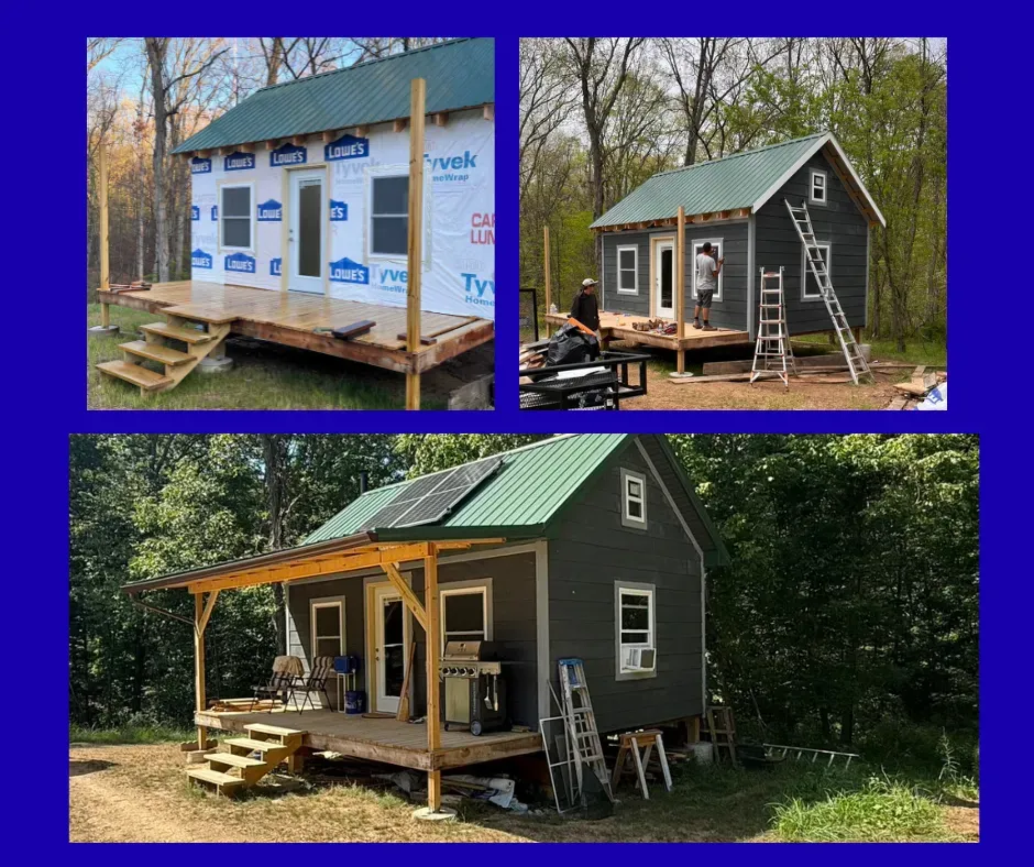 Tiny cabin build: stages from unfinished frame to completed structure with porch and solar panels.