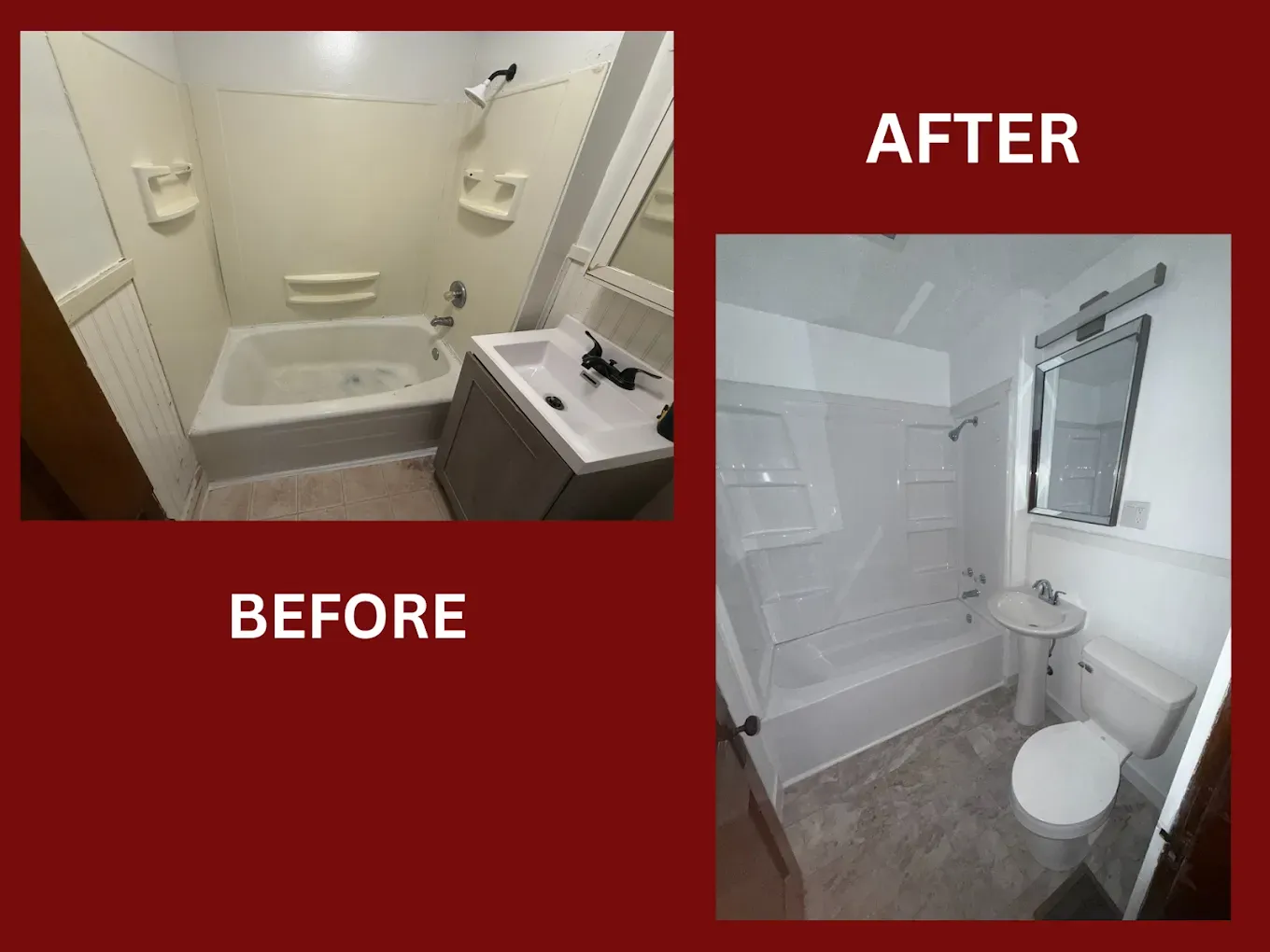 Bathroom remodel comparison: before and after.  Old bathroom has beige tub and vanity. New bathroom is white with a pedestal sink.