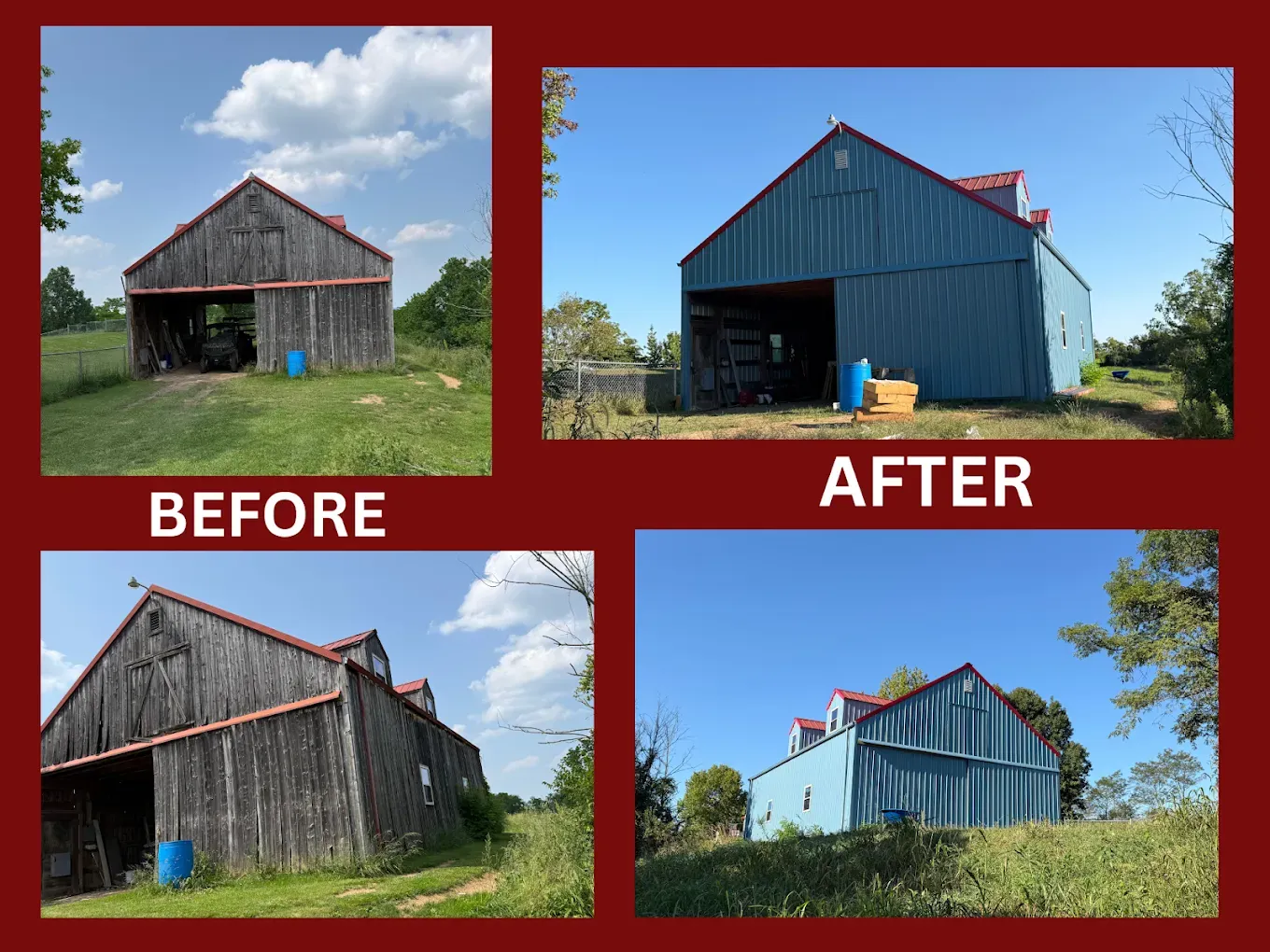 Barn before and after painting: weathered wood to blue. Sunny day, rural setting.