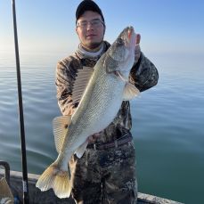 A man is holding a large fish on a boat in the water.