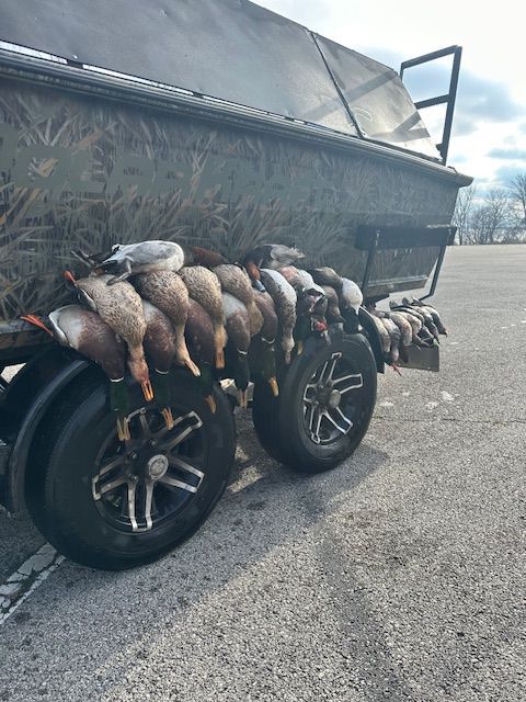 A boat with ducks on the back of it is parked in a parking lot.