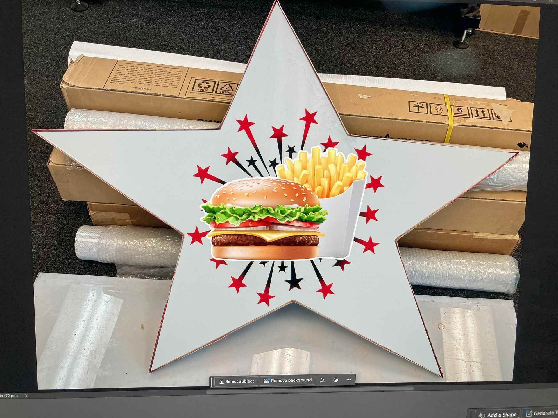 A star with a hamburger and french fries on it