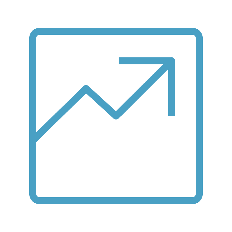A line graph with an arrow pointing up in a square.