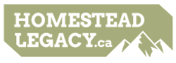 A logo for homestead legacy.ca with a mountain in the background.