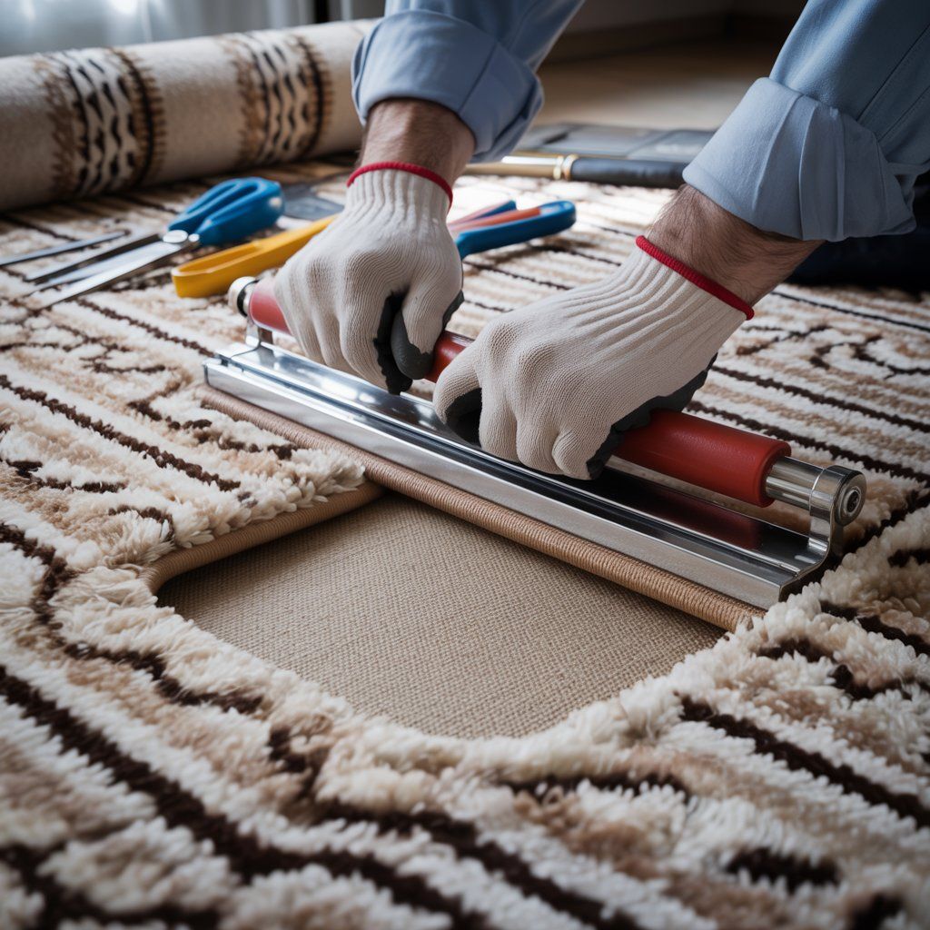 Person in gloves, repairing carpet with tools.