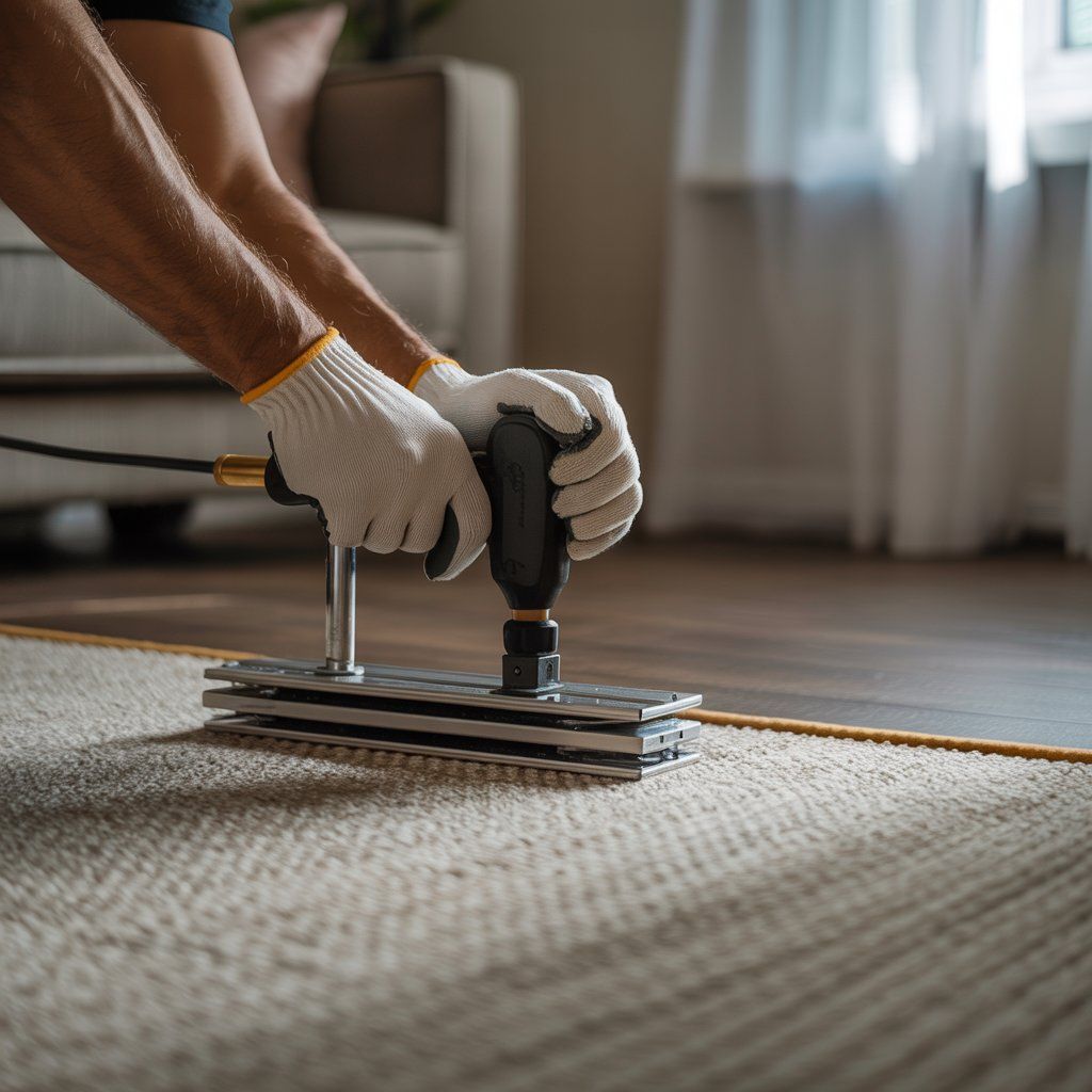 Person using a carpet seam iron to attach a carpet edge in a room; wearing gloves.