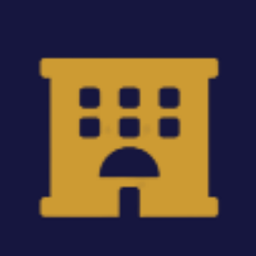 A yellow icon of a multi-story building with a central arched entrance against a dark blue background.