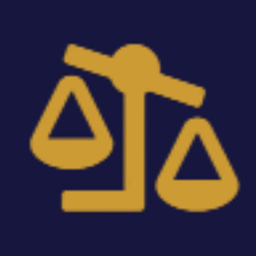 A gold-colored icon of a scale of justice centered on a dark blue background.