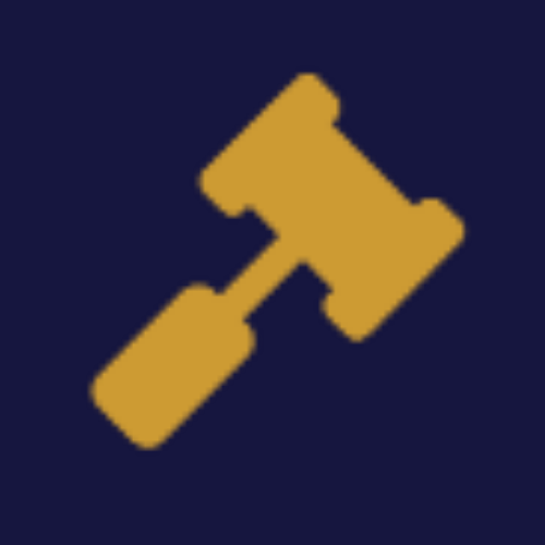 A gold-colored gavel icon centered on a dark blue background.