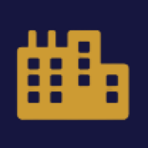 A gold-colored icon of a multi-story building against a dark blue background.