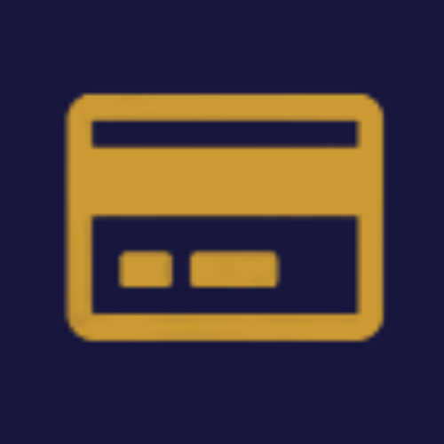 A gold-colored credit card icon set against a dark blue background.