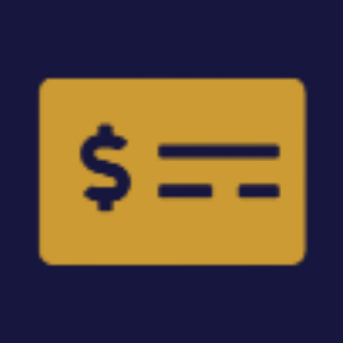 A mustard yellow icon on a dark blue background featuring a dollar sign next to two horizontal lines.