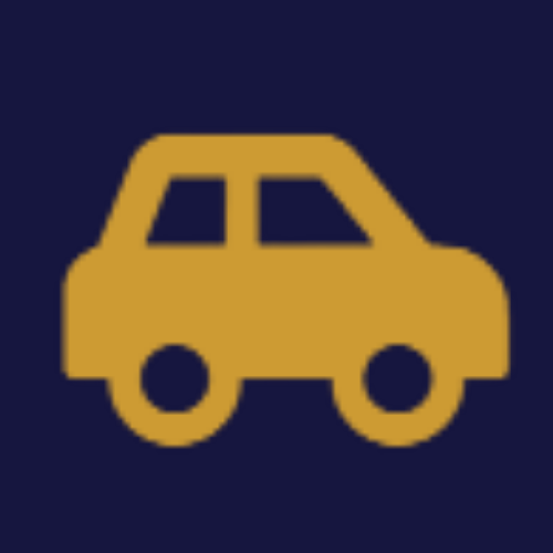 A mustard-yellow icon of a small car against a dark blue background.