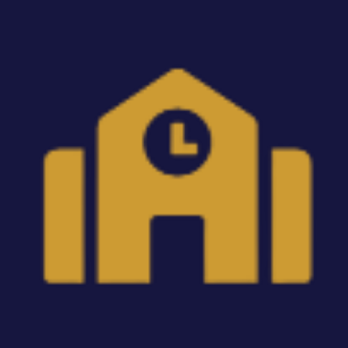 A gold-colored icon of a school building featuring a clock on the facade, set against a dark blue background.