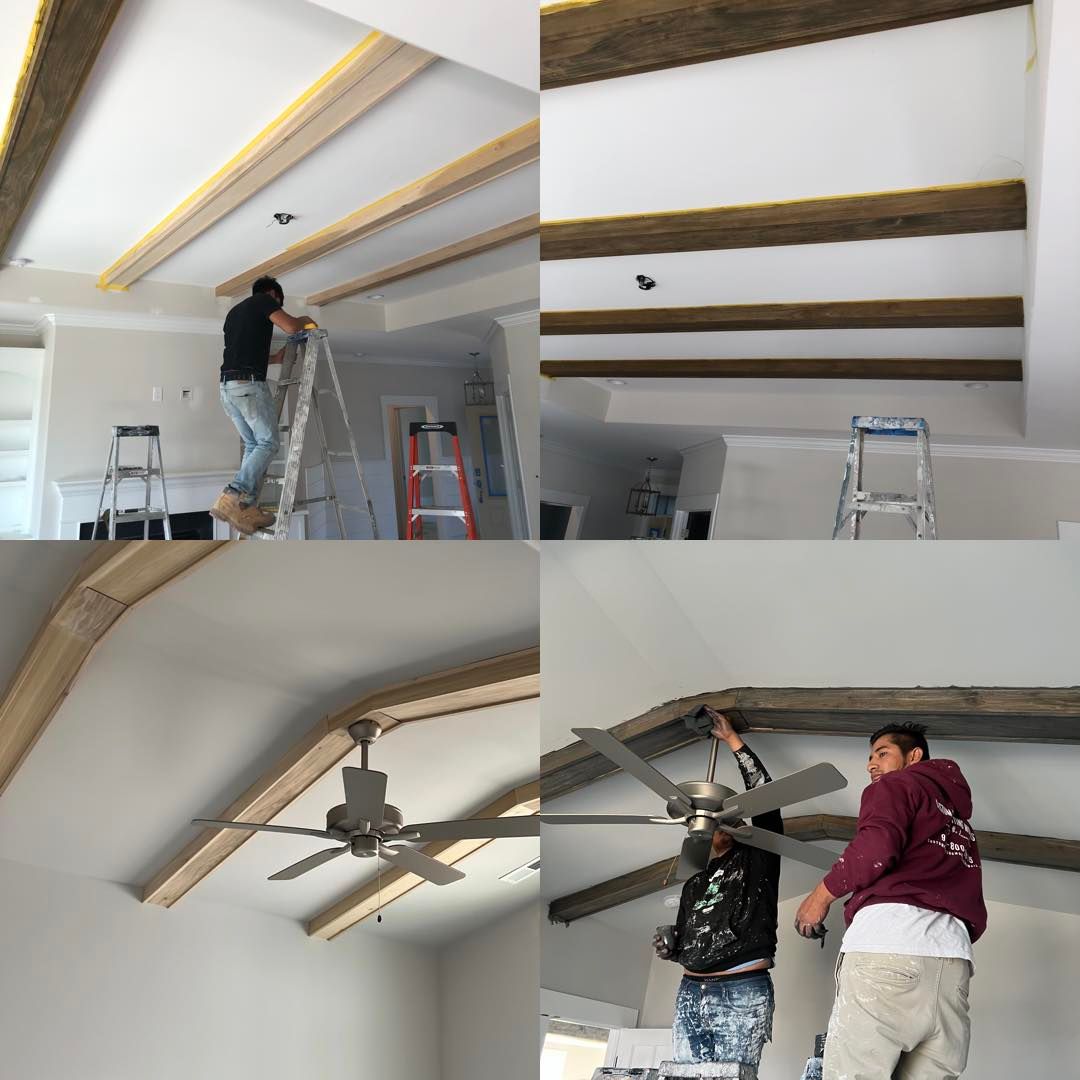 A collage of four pictures of people working on a ceiling