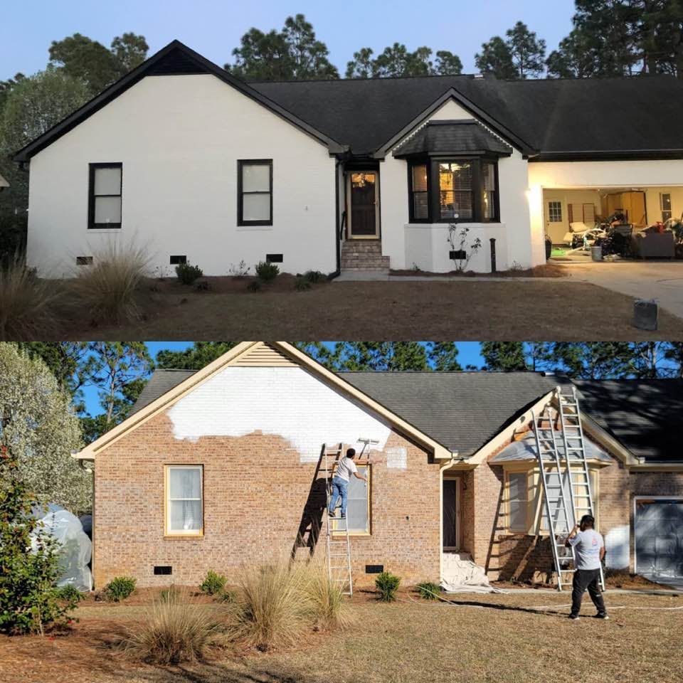 A before and after picture of a house being painted