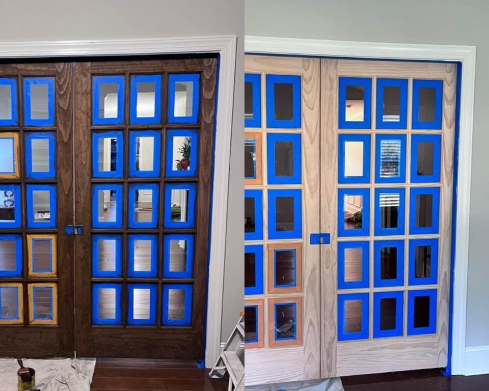 A before and after picture of a door with blue tape on it.