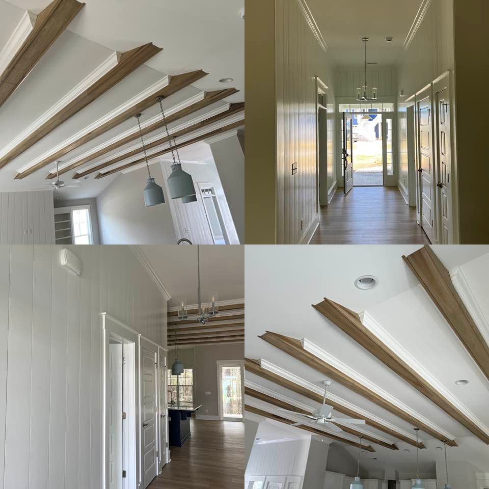 A collage of four pictures of a hallway with wooden beams
