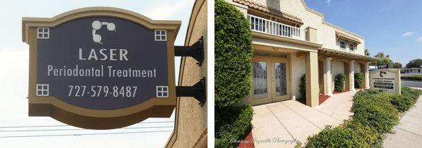 A sign for laser periodontal treatment is next to a picture of a building.