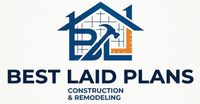 Logo for "Best Laid Plans Construction & Remodeling" featuring a house icon with a hammer, grid, and ruler.