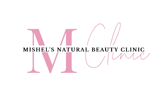 The logo for mishel 's natural beauty clinic is pink and white.