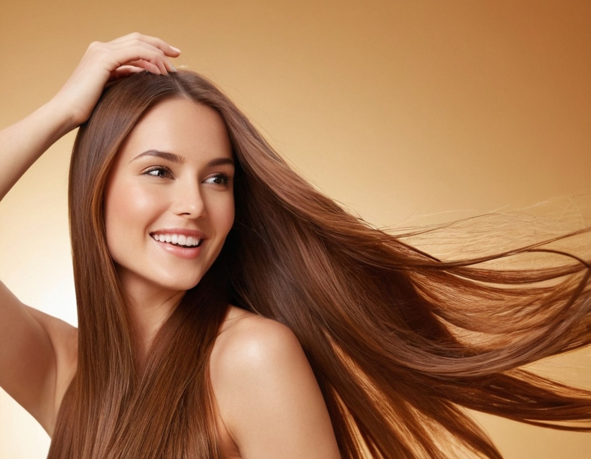 Woman with long, flowing brown hair, smiling, with hand in hair, against a warm background.