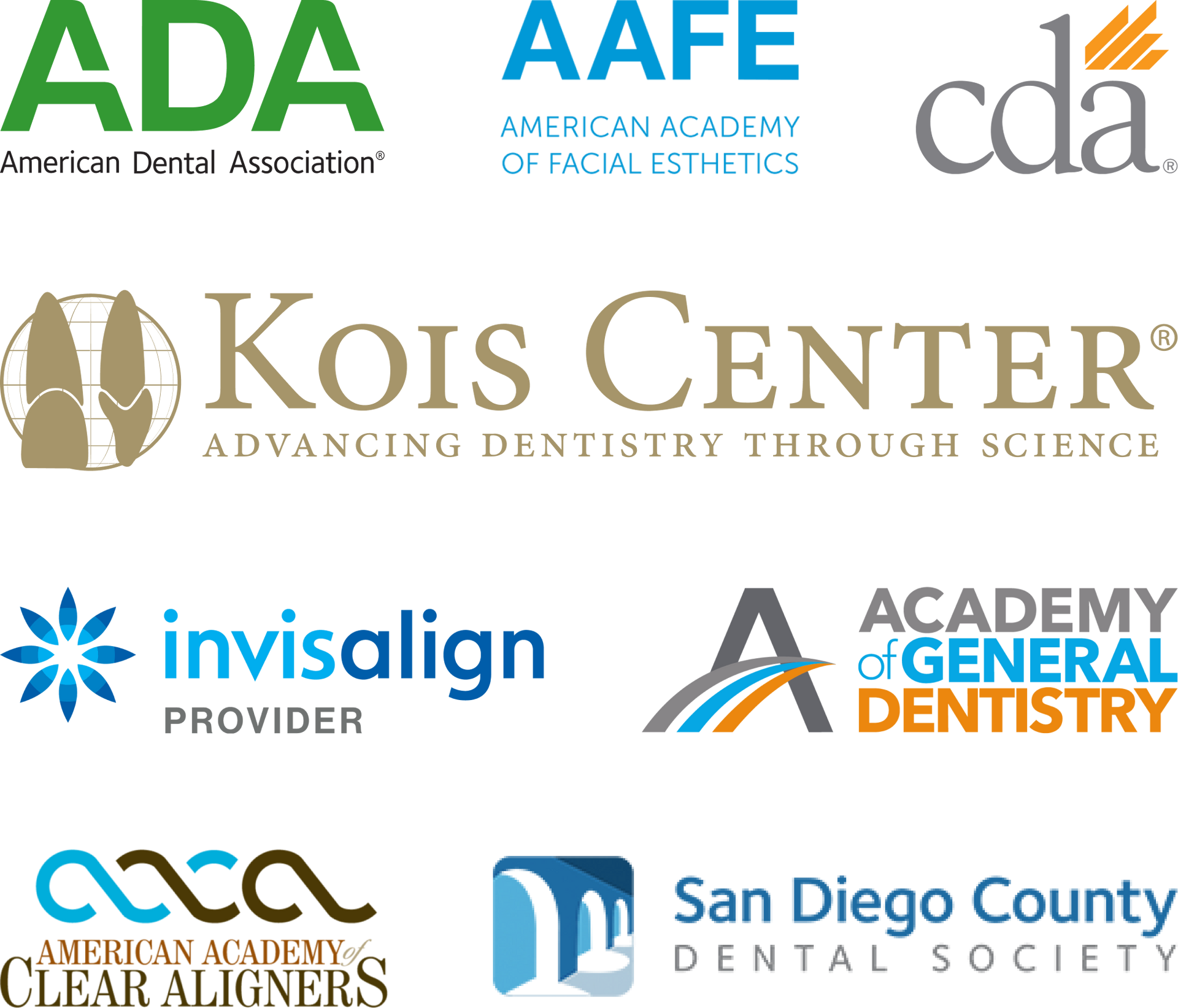 A group of dental logos including kois center invisalign and san diego county dental society