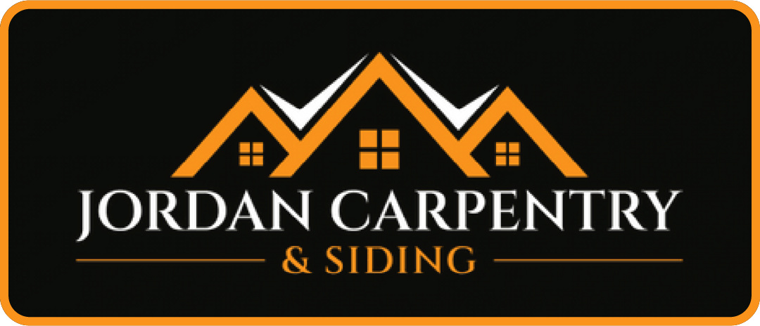 Logo for Jordan Carpentry & Siding. Features three house silhouettes in orange and white on a black background.