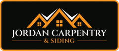 Logo for Jordan Carpentry & Siding. Features three house silhouettes in orange and white on a black background.