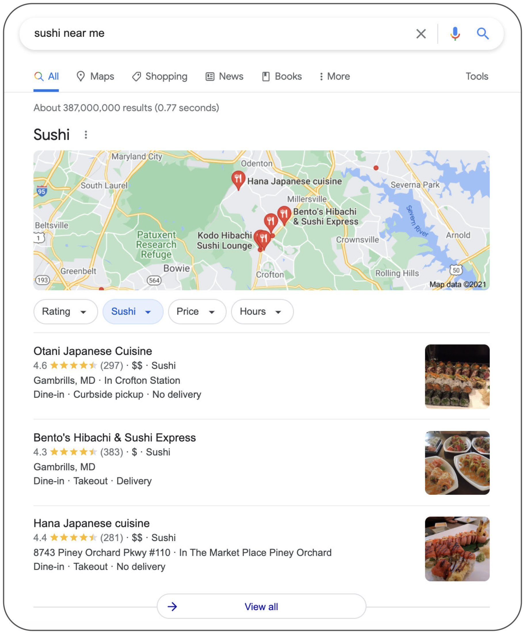 Image of Google Local Pack with three local results for a 