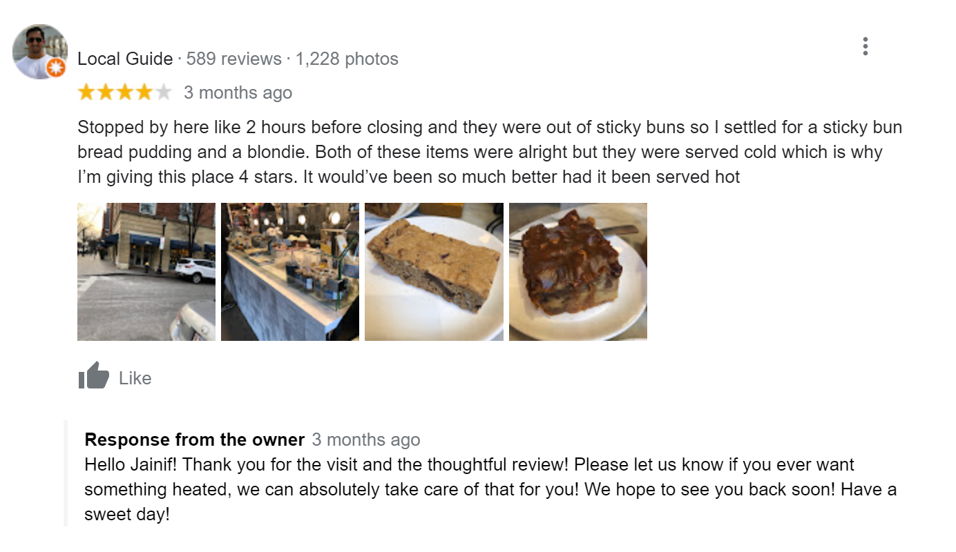 Screengrab of a Google bad review with the business response.