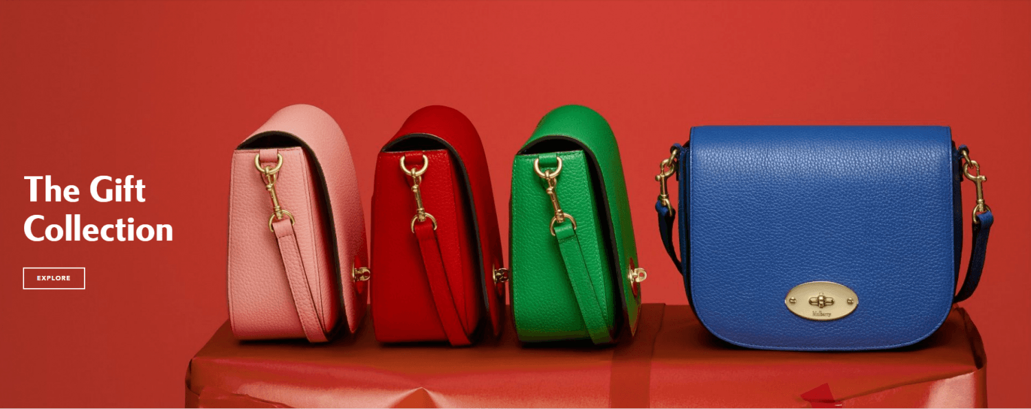 landing page from the company Mulberry with bright purses with the words 