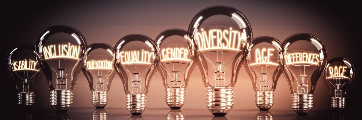 Concept image: Light bulbs with shining words connected to diversity and inclusion in them.