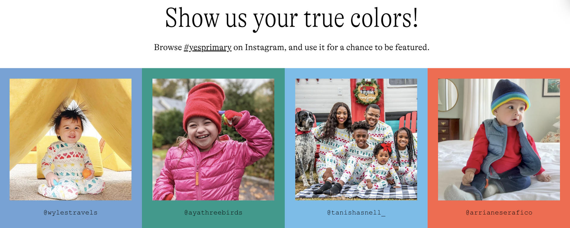 Three customer-generated images of young, happy children on Instagram wearing Primary.com clothing