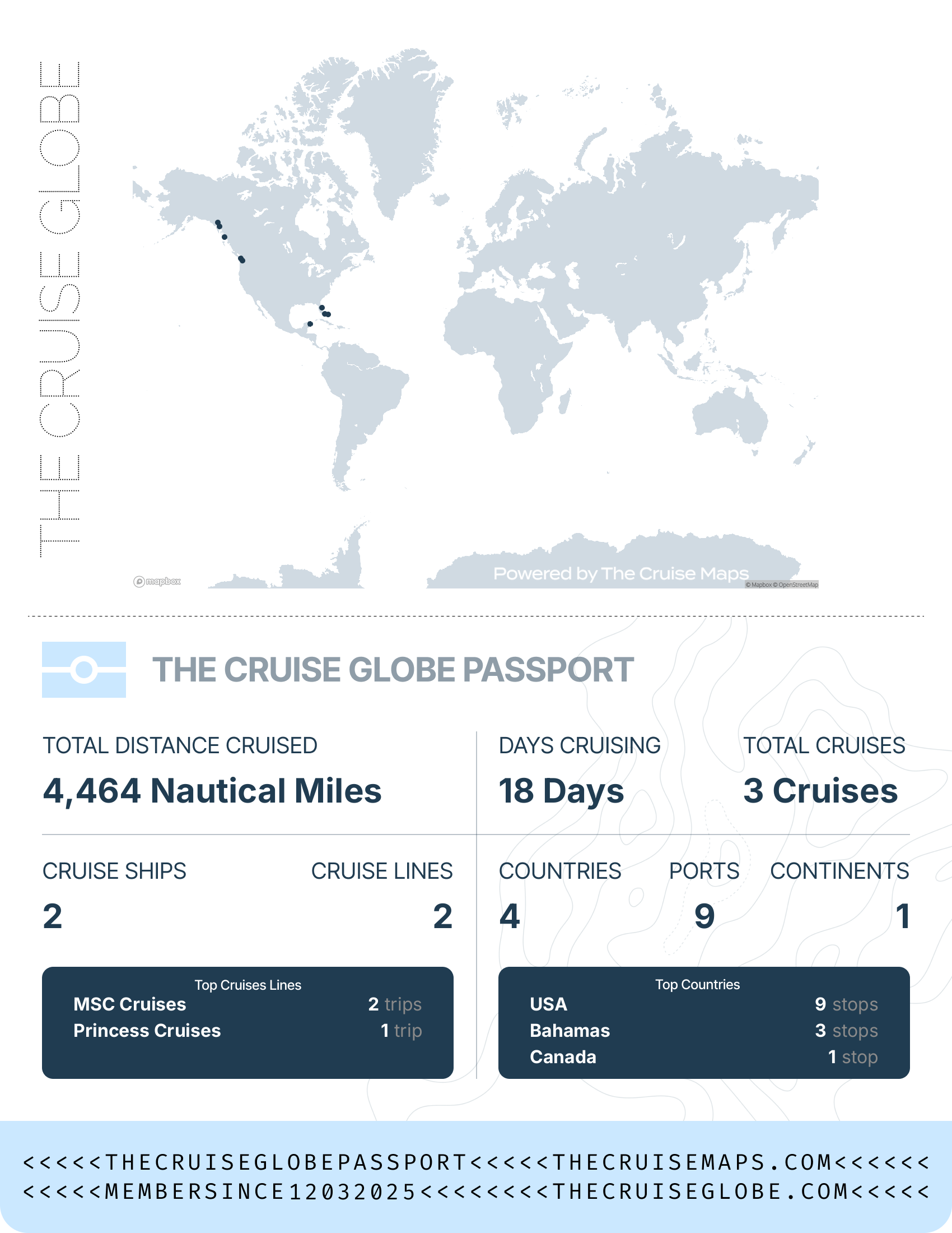 A cruise globe passport with a map of the world