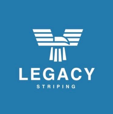 A blue logo for legacy striping with an eagle on it