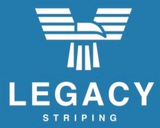 Logo for Legacy Striping: Blue background with white text and a stylized eagle emblem.