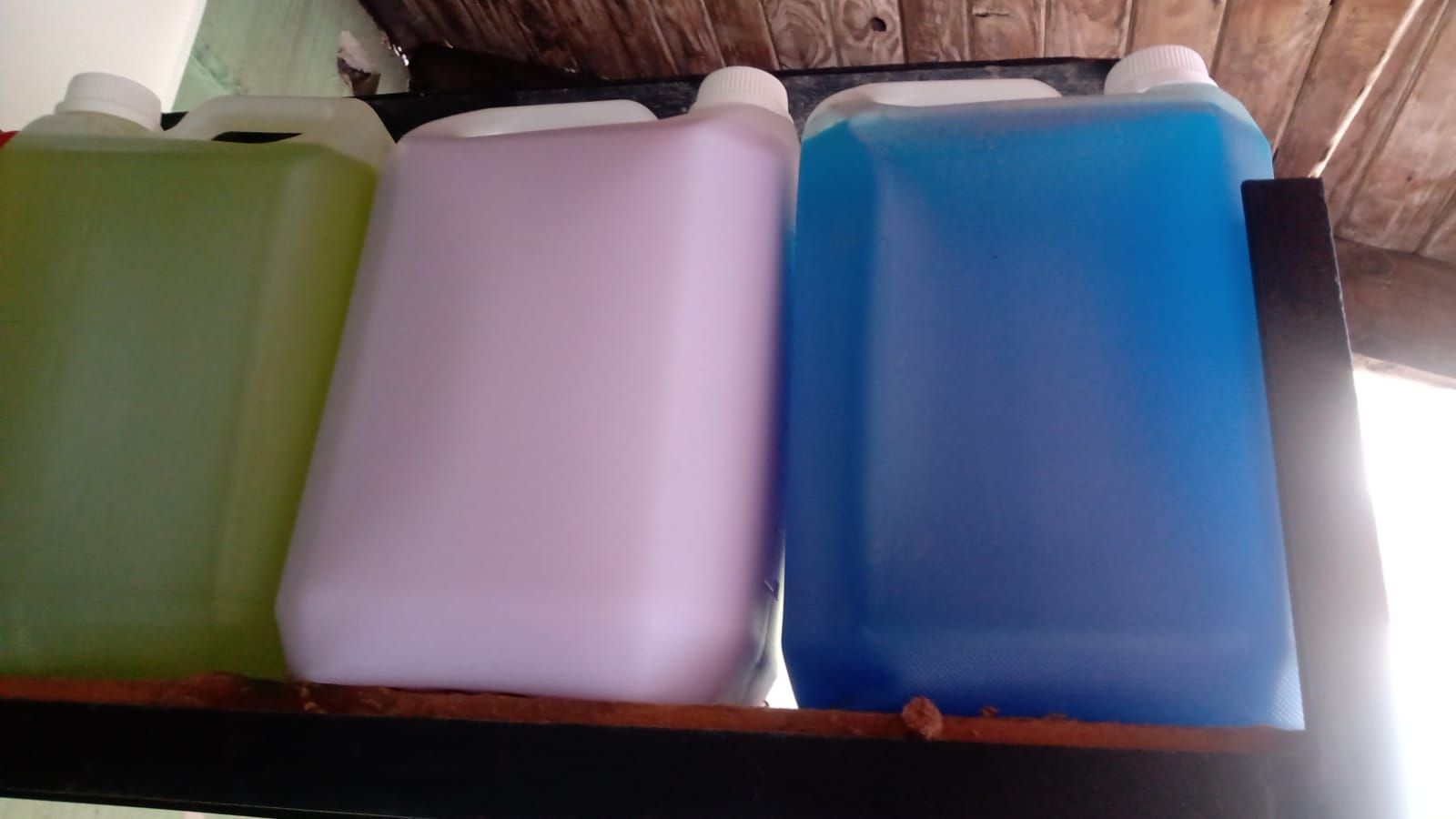 Tres jarras rectangulares de plástico de color verde, lavanda y azul están colocadas en fila sobre un estante de madera.